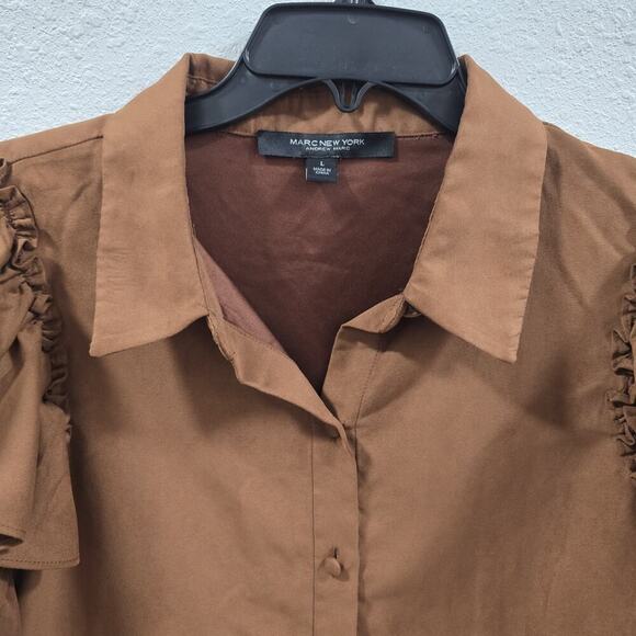 Marc New York Ruffle Sleeve Button Front Blouse Brown Size L - Picture 4 of 12